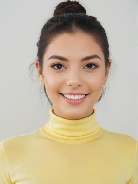 Portrait photo of g1n4v4l3ntn4, yellow turtleneck blouse, white background, detailed face smiling