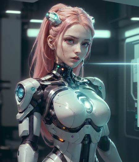 (masterpiece, high resolution, CGI:1.4), (depicting a futuristic cyborg woman with striking pink hair:1.3), (her eyes emanating a mesmerizing blend of green and blue light:1.2), (a combination of human and robotic elements seamlessly integrated throughout her body:1.3), (her arms replaced with sleek, metallic limbs, adorned with intricate circuits and glowing symbols:1.3), (her legs enhanced with bionic enhancements, allowing her to move with grace and precision:1.2), (her skin featuring a seamless blend of organic and synthetic materials, giving her a unique appearance:1.2), (her robotic enhancements designed with meticulous attention to detail, showcasing a balance of aesthetics and functionality:1.2), (the Canon EOS R6 camera used to digitally capture this stunning creation:1.4), (paired with the Canon RF 85mm f/1.2 L USM lens for precise rendering of her features:1.4), (the laboratory environment exuding a sleek and minimalistic design:1.2), (clean white walls and polished metallic surfaces reflecting the futuristic ambiance:1.2), (subtle neon lights casting a soft glow, enhancing the futuristic atmosphere:1.2), (advanced holographic displays showing complex data and schematics:1.2), (the cyborg woman standing confidently amidst the advanced technology, exuding a sense of power and intelligence:1.2), (a captivating and thought-provoking portrayal of the merging of human and machine:1.2).