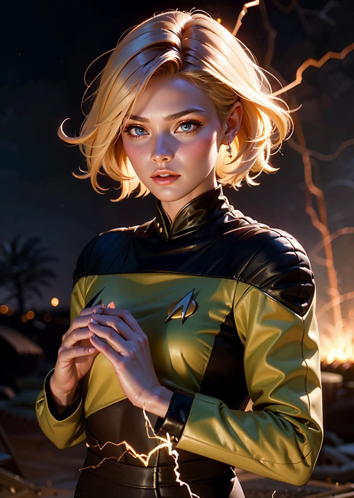 A digital art rendering of a woman in a yellow shirt with a Starfleet emblem on it.