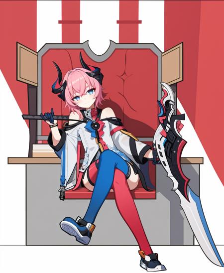 delta honkai3rd,<lora:delta-000015:0.8>,asymmetrical legwear,red legwear,blue legwear,expressionless,sitting on the throne,weapon,pink hair,sword,horns,sitting,solo,long hair,blue eyes,looking at viewer,thighhighs,mismatched legwear,bangs,full body,closed mouth,gloves,crossed legs,asymmetrical legwear,bare shoulders,shoes,jacket,holding weapon,smile,black gloves,holding,holding sword,long sleeves,, 1girl,
,  (masterpiece,best quality:1.2),absurdres