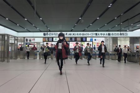 shinosaka, chuoguchi, ticket gate, 6+boys, multiple boys, real world location, multiple girls, scenery, indoors, bag, hat, people