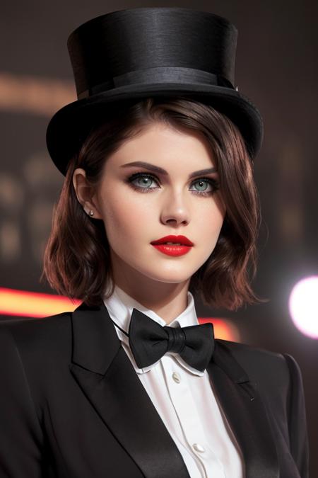 photo of a woman, ad-1,((wearing a tuxedo jacket, shirt, bowtie, top hat, short hair):1.1), ((closeup, portrait)),((on stage, spotlights):1.2), ((red lipstick, makeup)), (smile), ((best quality, masterpiece, extreme details, high resolution):1.2),((detailed eyes, beautiful eyes, detailed face, beautiful face):1.2)