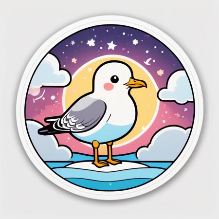 Cute tiny seagull, mid-night, stars, clouds, kawaii style, circular border, vivid, (((sticker, stickers, <lora:StickersRedmond:1>))), flat colors, black outline, white background