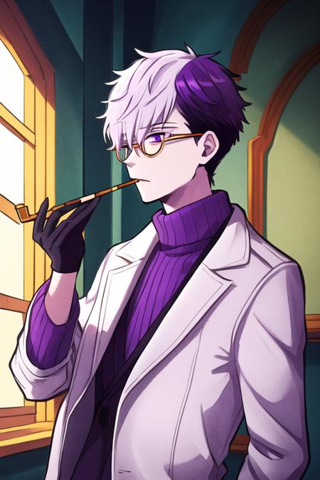 <lora:Tsuchigomori:0.7>  masterpiece, best quality, solo, 1boy, purple eyes, white hair, purple hair, multicolored hair, male focus, glasses, black gloves, turtleneck, white coat, indoors, holding smoking pipe, upper body, delicated ilumination