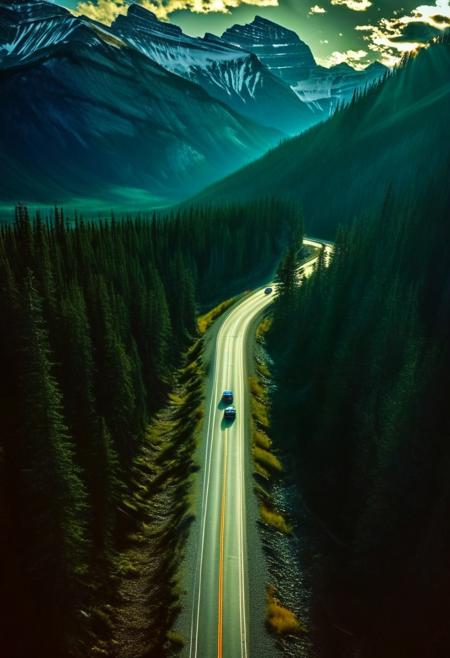 Embark on a breathtaking journey along this scenic road in Alberta, Canada 🇨🇦, where the majestic Rocky Mountains rise dramatically against the horizon.