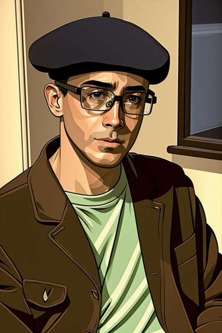 a cartoon man with glasses and a beret , solo, looking at viewer, shirt, 1boy, hat, brown eyes, closed mouth, jacket, male focus, glasses, indoors, window, black headwear, beret, parody, portrait, meme, yellow shirt