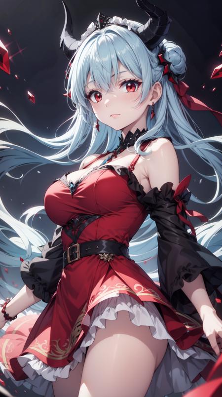 Pale blue hair, black horns, red eyes, Kurikara, red dress