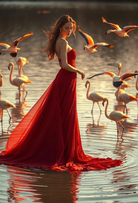 A stunningly beautiful woman standing gracefully in the middle of a serene shallow lake surrounded by elegant flamingos. She wears a flowing, deep red gown with a long, dramatic train that trails into the water, creating ripples around her. Her presence is regal and ethereal, with soft wind catching her gown and hair. The flamingos gently circle her, some in flight, others wading gracefully nearby. The lighting is golden hour, casting warm reflections on the water and highlighting the vibrant contrast between the red dress and the soft pink of the flamingos. Ultra-detailed, cinematic composition, elegant, high-resolution, fashion fantasy, surreal beauty.