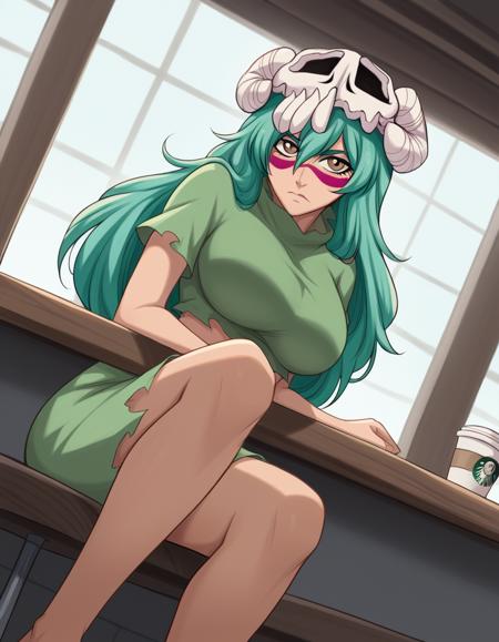 <lora:nelliel-tu-odelschwanck-anime-ponyxl-lora-nochekaiser:1>, nelliel tu odelschwanck, long hair, green hair, facial mark, skull, brown eyes, green hair, large breasts, normal outfit, skirt, barefoot, midriff, torn clothes, crop top, short sleeves, espada suit, dress, white dress, long sleeves, collar, skirt, white skirt, gloves, white gloves,