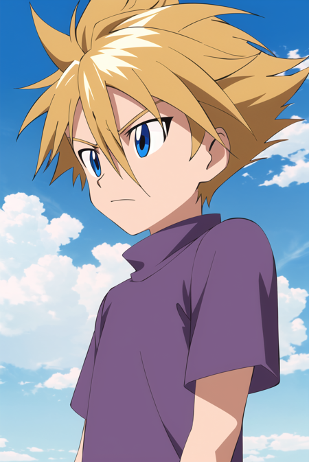 solo, male focus, 1boy, blue eyes, purple shirt, blonde hair, spiked hair, short sleeves, upper body, sky, hair between eyes, bangs,  ((masterpiece)) <lora:digimon_offset:1>