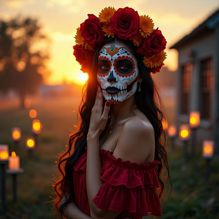 Create a mesmerizing, photorealistic  wide angle, full body image of a stunningly beautiful, athletically built,  powerful dances body, graceful, lithe, and nubile Latina woman adorned in intricate sugar skull makeup, vibrant colors reflecting the spirit of Día de los Muertos. Her expressive eyes sparkle beneath a crown of marigold and crimson flowers, contrasting beautifully against the vivid patterns painted on her face. The background is a softly blurred cemetery at sunset, casting warm golden hues that gently illuminate her features. A thick, aromatic mist lingers in the air, enhancing the magical atmosphere. Her posture is both proud and graceful, with one hand elegantly raised to touch her face, inviting the viewer into her world. Surround the scene with delicate candlelight flickering in the twilight, glowing softly against the deepening blue of the dusk sky.