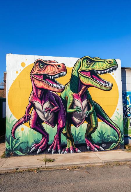 Graffiti art of two velociraptors, street art, mural, great quality