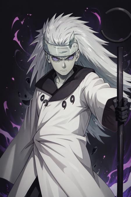 Madara, masterpiece, best quality, pale skin, long hair, gray hair, white tunic, black collar, black gloves, headband, black balls, purple eyes, <lora:Madara_Six_Paths:1>, upper body, menacing, angry, looking at viewer, purple aura, purple energy, power aura, dark background, black staff, holding,