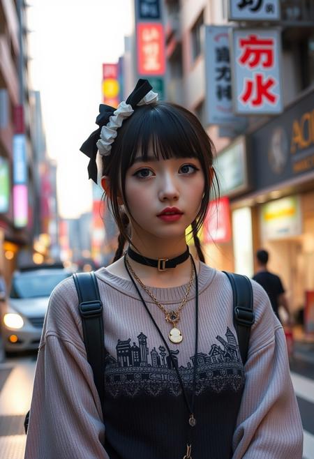 RAW photo portrait of a Japanese emo goth 1girl in busy streets of Harajuku at dawn