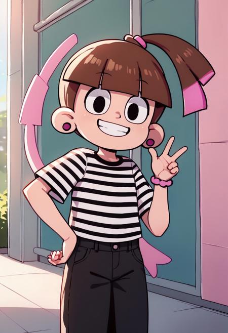 SonyaToast, 1girl, brown hair, blunt bangs, black eyes, ponytail with pink accents, pink scrunchie, fuchsia pearl earrings short-sleeved black white striped shirt black pants pink white high-top sneakers <lora:SonyaToast:1>