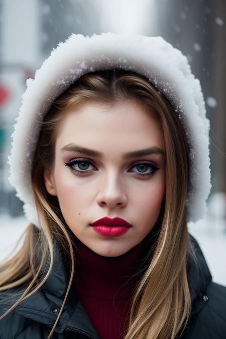 professional portrait photograph of (st3llam4xwell:0.99), in winter clothing, beautiful face, cute natural makeup, wearing elegant winter fashion clothing, ((standing outside in snowy city street)), stunning modern urban upscale environment, ultra realistic, concept art, elegant, highly detailed, intricate, sharp focus, depth of field, f/1. 8, 85mm, medium shot, mid shot, (centered image composition), (professionally color graded), ((bright soft diffused light)), volumetric fog, trending on instagram, trending on tumblr, hdr 4k, 8k, (closeup portrait), (red lips), (makeup)