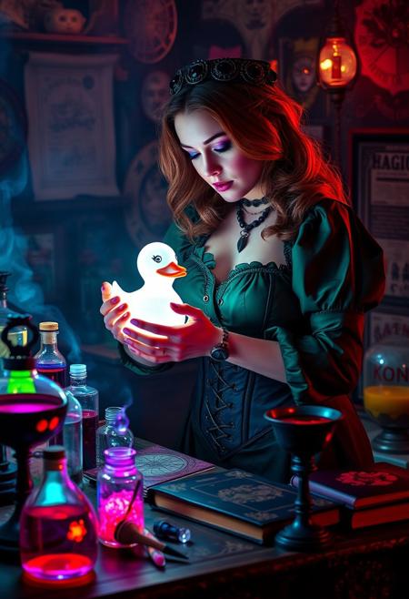 A Curvy feminine goth is building glowing magic duck on a satanic altar, in a dimly lit workshop. The altar is cluttered with dark magic items, potion bottles aglow with colorful and spirited magic fluids, witch's goblet with dark red fluid, black magic book, diagrams on the walls, runes and astrology symbols, exaggerated colorful art,  in a setting where rebellion, decay, and mysticism intertwine, crafting a unique, immersive vibe,hourglass body shape, copper colour hair, purple lipstick, tight green blouse, corset, cleavage, 
autumn magic, Glowing Steampunk Halloween, vicgoth