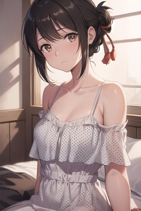 mitsuhamiyamizu, <lora:mitsuhatest:1>,
mitsuha miyamizu, black hair, (brown eyes:1.5), hair ribbon, (small breast:1.2),
BREAK bare shoulders, collarbone, dress, polka dot, (polka dot dress:1.5), sleepwear, red dress,
BREAK looking at viewer,
BREAK indoors, bed,
BREAK <lora:GoodHands-vanilla:1>, (masterpiece:1.2), best quality, high resolution, unity 8k wallpaper, (illustration:0.8), (beautiful detailed eyes:1.6), extremely detailed face, perfect lighting, extremely detailed CG, (perfect hands, perfect anatomy),