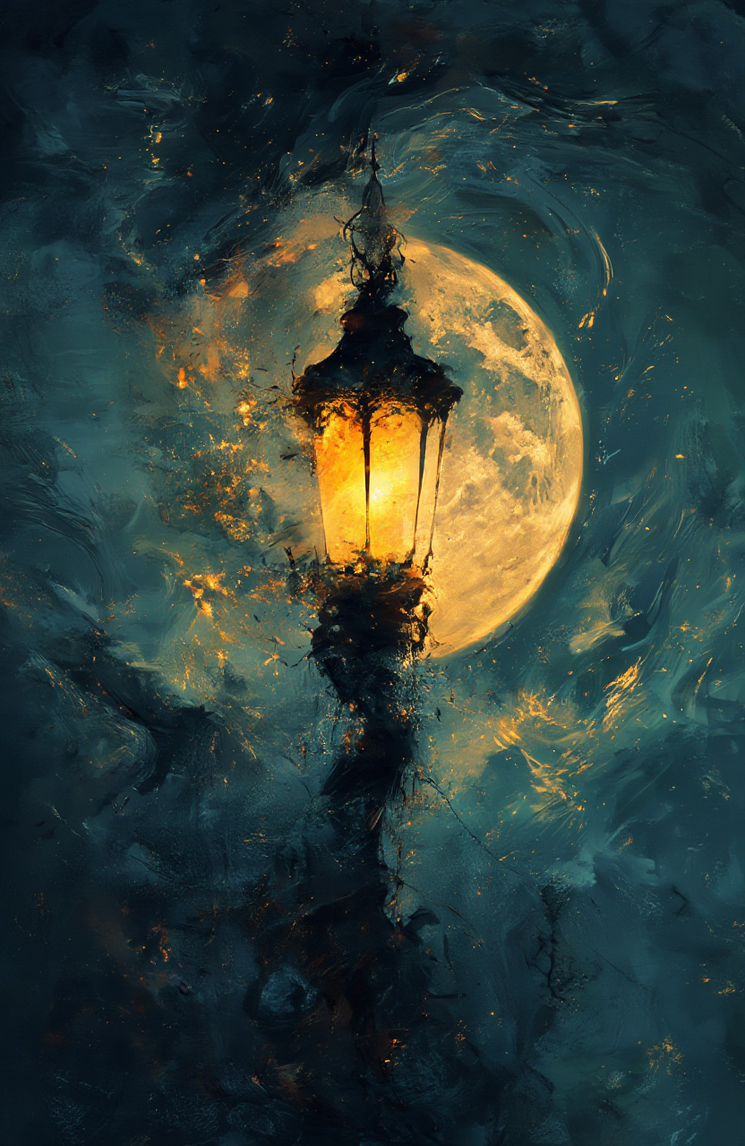 An ornate streetlamp disintegrating into particles and embers, with a large full moon directly behind it, its yellow-orange surface partially visible through a swirling dark blue and teal atmospheric disturbance. The background shows turbulent, painterly brushstrokes in deep blue and gray tones, suggesting stormy clouds or wind patterns. Orange and golden particles stream away from the lamp in flowing trails.