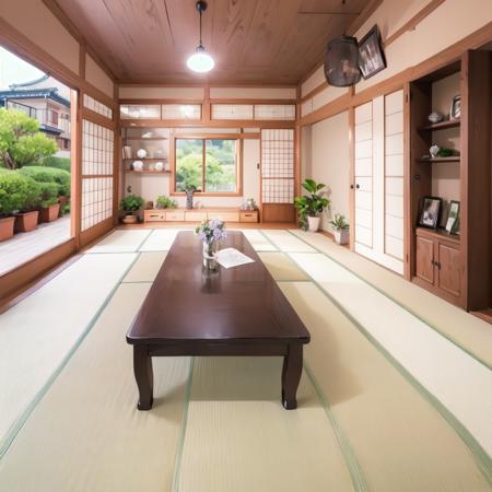 best quality, ultra-detailed, illustration,
washitsu, vase, scenery, flower, architecture, indoors, plant, scroll, flower pot, table, door, tatami, window, shelf, realistic, photo (medium), photo background
 <lora:JAPAN_Scenery_Washitsu_SD15_V2:1>