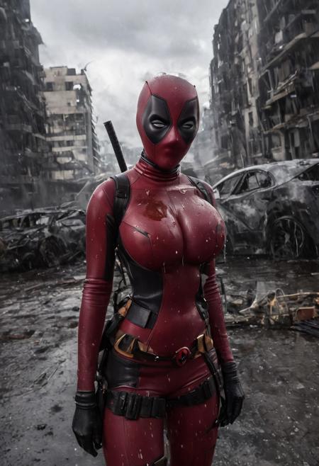 hyperrealistic art (busty girl deadpool, burning helicopter, chaos), (reflections, exploding buildings, storm, wet), slim body, (huge breasts), (breasts bursting out of  open cleavage cutaway, bare skin cleavage, huge round breasts), (full mask, full costume with cleavage cut away), extremely high-resolution details, photographic, realism pushed to extreme, fine texture, incredibly lifelike, huge tits