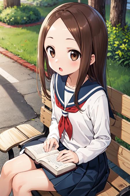 masterpiece, best quality, highres, 1girl, aatakagi, long hair, sailor collar, red neckerchief, sailor shirt, white shirt, long sleeves, pleated skirt, blue skirt, <lora:takagi-san_v1:0.7>, outdoors, sitting, bench, :o, book,