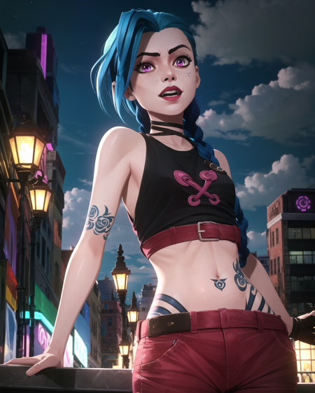 arcane style,
1girl, arm tattoo, asymmetrical bangs, bangs, blue hair, braid, brown shirt, cloud tattoo, looking at viewer, laughing, crazy, uncontrollable laugh, mad look, night, city, green hair, long hair, midriff, pink eyes, red lips, shirt, solo, standing, tattoo, twin braids, upper body, arcane jinx, jinx \(league of legends\)
<lora:arcane_offset:1>