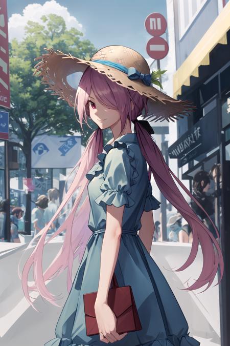 absurdres, best quality, masterpiece, 1girl,  <lyco:minamisawaSenri-000020:1>, minamisawa senri, (blue dress), (summer dress), straw hat, outdoors, scenery, tree, smile, (from side:0.75)