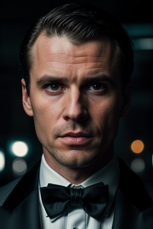 RAW face closeup portrait of a man wearing a tuxedo, professional photography, in blade runner, high resolution, 4k, 50mm,...