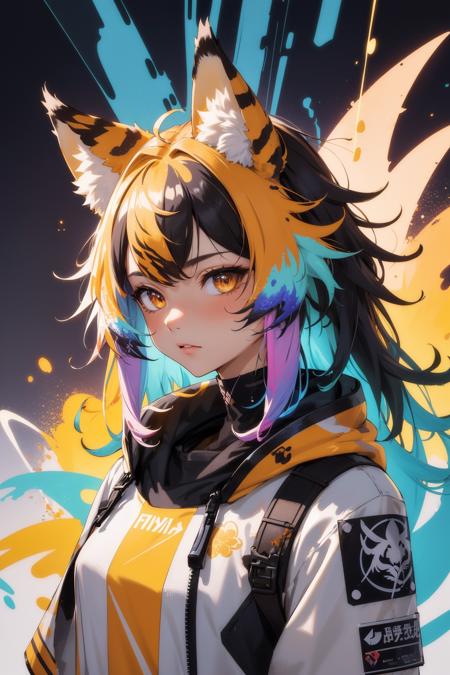 (masterpiece:1.1), (highest quality:1.1), (HDR:1.0), extreme quality, cg, (negative space), detailed face+eyes, 1girl, fox ears, animal ear fluff, (plants:1.18), (fractal art), (bright colors), splashes of color background, colors mashing, paint splatter, complimentary colors, neon, (thunder tiger), compassionate, electric, limited palette, synthwave, fine art, tan skin, upper body, (yellow and purple:1.2)