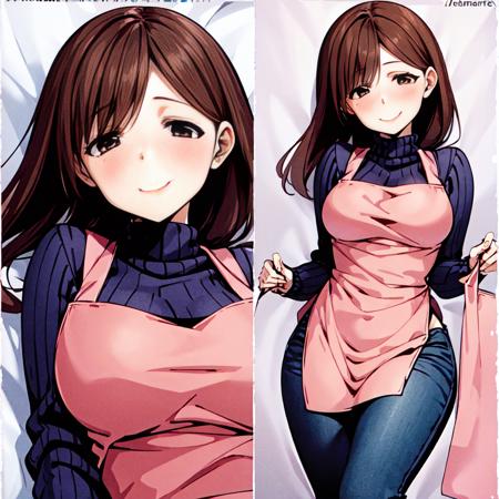 zemimama, 1girl,  portrait,  apron, embarrassed,  smile, lying, dakimakura    <lora:zemimama-000006:0.8>