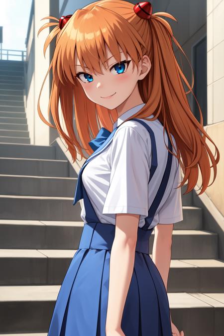 (masterpiece, best quality:1.2), (tsurime:1.2),
(face focus, face close-up, close-up face:1.2), tsurime, 1girl, souryuu asuka langley, solo, blue eyes, school uniform, looking at viewer, long hair, looking back, tokyo-3 middle school uniform, orange hair, white shirt, from behind, shirt, short sleeves, closed mouth, bangs, two side up, stairs, feet out of frame, white socks, suspender skirt, blue skirt, blue dress, outdoors, dress, hair ornament, smile,
 <lora:Tsurime:1>