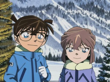 <conanAndhaibara>, brown hair, short hair, blue eyes, outdoors, holding, closed mouth, jacket, child, bangs, gloves, male child, female child, hair between eyes, blue jacket, long sleeves, tree, smile, multiple boys, white gloves, winter clothes, glasses, winter, 1girl, coat, hood