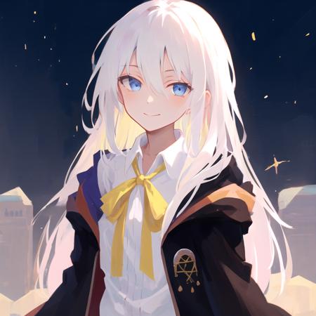 elaina_\(majo_no_tabitabi\), masterful, white hair, blue eyes, white shirt, black robe, body up, yellow ribbon, looking at viewer, slight smile, hand behind back, <lora:Elaina:1> <lora:pastelMixStylizedAnime_pastelMixLoraVersion:1>