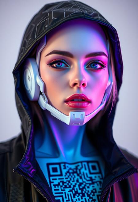 cyberpunk, closeup portrait of a woman with a half robot face and zeiss camera eyes , pastel blue and purple,  wearing a black high collar hooded parka with technical macro writing resembling an qr-code//bar-code on the back, solo, woman, latex catsuit , 36DD