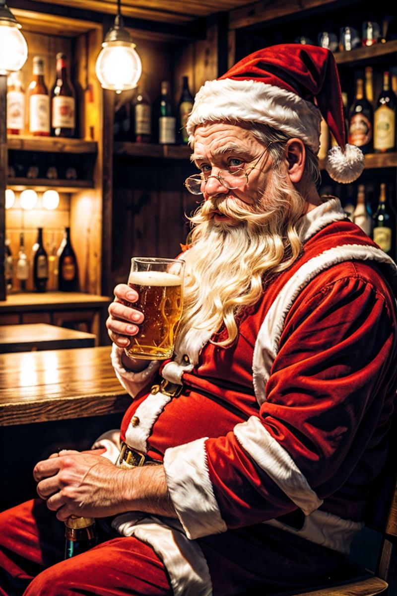 A Santa Claus with a beard drinking a glass of beer.