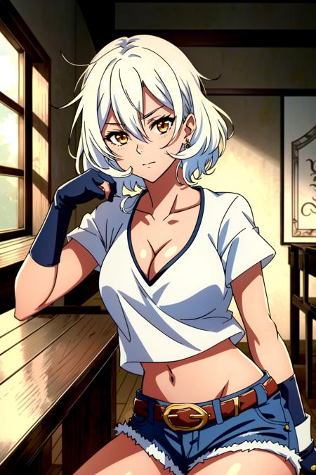 <lora:Altria Grem:0.8> Altria Grem, 1girl, solo, gloves, navel, shorts, sitting, sitting in a chair, arm up, hand on cheek, elbow on table, leaning, breasts, denim, dark-skinned female, dark skin, denim shorts, fingerless gloves, belt, black gloves, midriff, looking at viewer, shirt, cowboy shot, short shorts, white hair, cleavage, cutoffs, white shirt, short sleeves, hair between eyes, crop top, brown eyes, blue shorts, medium breasts, closed mouth, collarbone, medium hair, indoors, ((Shonen Style)), (detailed background, intricate background:1.1), beautiful ((Extremely Detailed)), ((Best Quality)), ((Masterpiece)), ((4k))