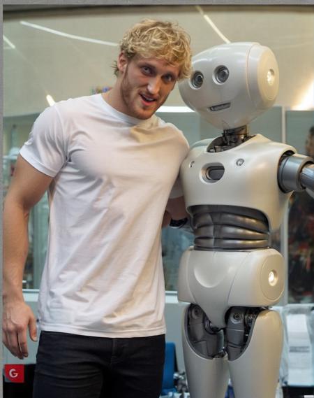 loganpaul person comforting a mentally challenged robot. ((wearing a shirt)) <lora:Logan Paul SDXL - Trigger with Loganpaul Person:1>