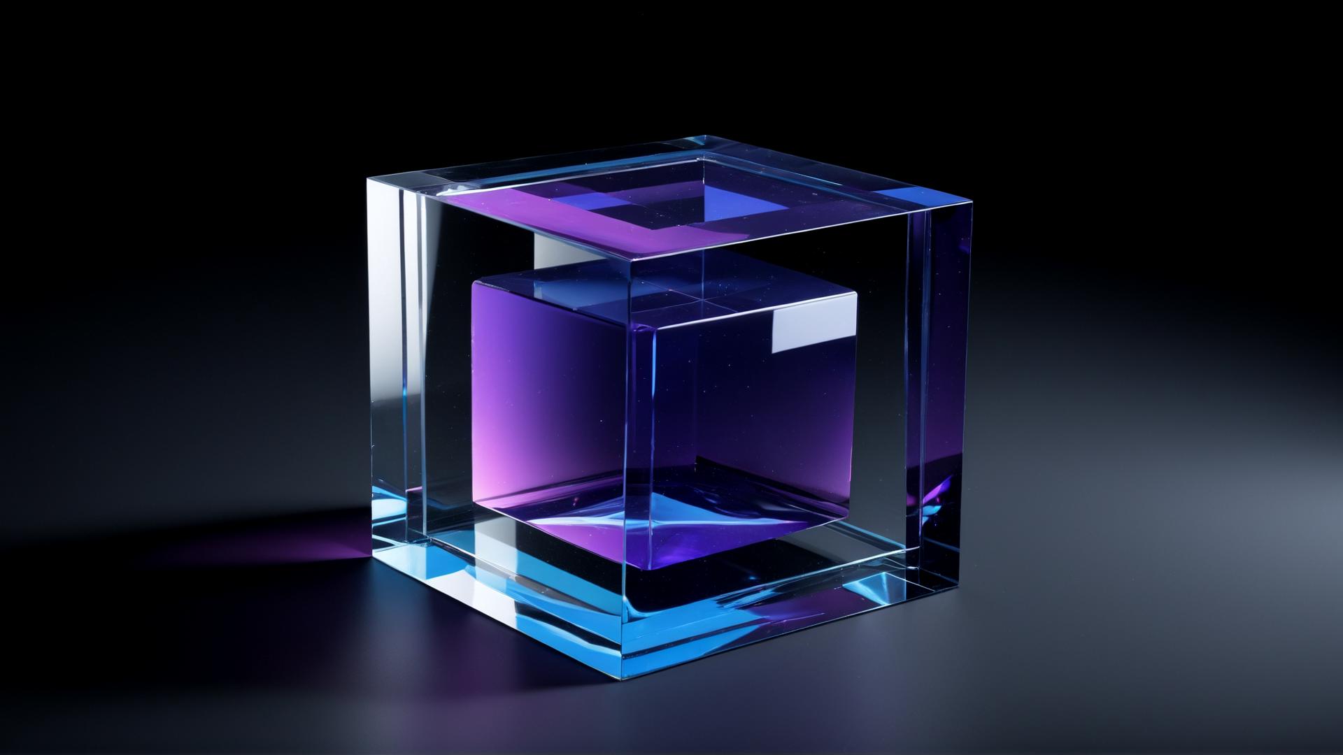 A floating cube made of translucent glass, slowly rotating in space. The cube reflects and refracts soft blue and purple light, casting subtle reflections onto a dark, glossy surface. The background is a deep black void., Photorealistic, Hyperrealistic, Hyperdetailed, analog style, soft lighting, subsurface scattering, realistic, heavy shadow, masterpiece, best quality, ultra realistic, 8k, golden ratio, Intricate, High Detail, film photography, soft focus