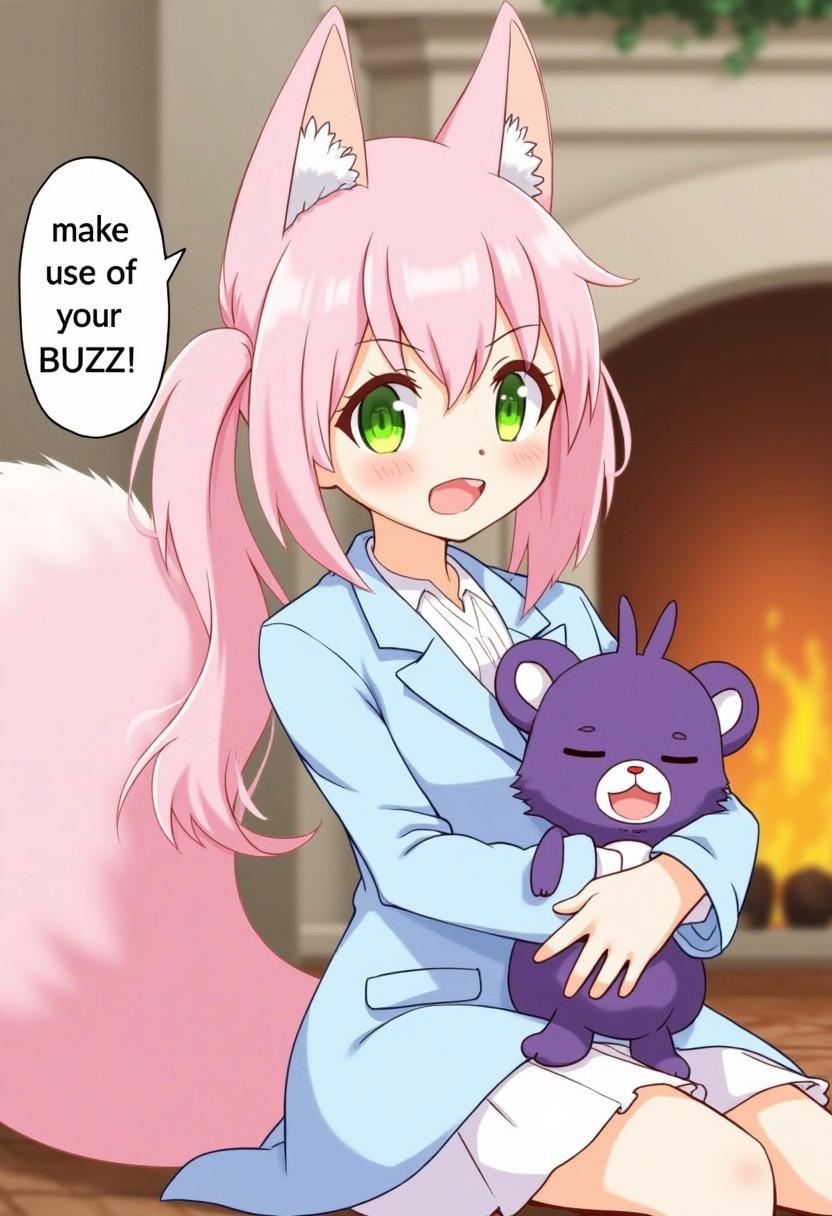 best resolution,best quality,masterpiece,source_anime,1girl, solo, a pink squirrel anthro female has pink long twintails hair and big pink squirrel tail and big pink cat ears wear light blue blazer holding a purple skunk plushie on lap and speech bubble beside head with sub "make use of your BUZZ".smile,green round eyes,sitting beside fireplace indoors.