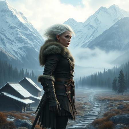 A tall, powerful woman stands at the edge of a rugged northern village, framed by towering snow-capped mountains and dense, ancient forests. Embra Wildsong, her short, spikey white hair blowing in the cold wind, gazes out at the vast world beyond. She wears sturdy leather armour adorned with furs, her sharp eyes reflecting determination. Behind her, the wooden huts and the distant smoke from the great hall fade into the mist. Ahead, a path winds through the wilderness, where the early morning light touches the horizon.