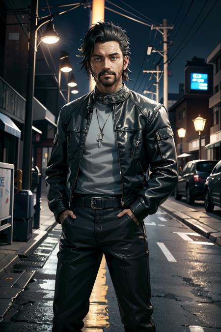 ((ultra detailed, masterpiece, best quality))
 <lora:CyberSaul:0.8>
CyberSaul, 1boy, solo, Under the glow of a streetlamp, fitted leather jacket, casual yet stylish, a glimpse of tattoos visible, hands in pockets with a nonchalant pose