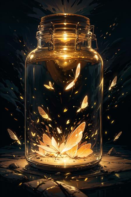 natural lighting, soft lighting, sunlight, HDR (High Dynamic Range), Maximum Clarity And Sharpness, Multi-Layered Textures, <lora:fireflies_v1:1> fireflies, jar