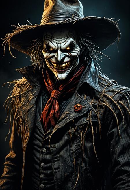 An Hyperrealistic dark Gothic photo of a hauntingly scary scarecrow villain from DC batman comics. He has an intricately detailed hay face with a wide wild creepy smile with fangs. His eyes are orange and thin. He is wearing ragged jacket,  stained with red, black jeans and a hat. In the background there are dark scary nightmare scenes spiraling in zentangle design.  a masterpiece, 8k resolution, dark fantasy concept art, by Greg Rutkowski, by H.R. Giger, Tim Burton dynamic lighting, hyperdetailed, intricately detailed, Splash screen art, trending on Artstation, deep color, Unreal Engine, volumetric lighting, complementary colours