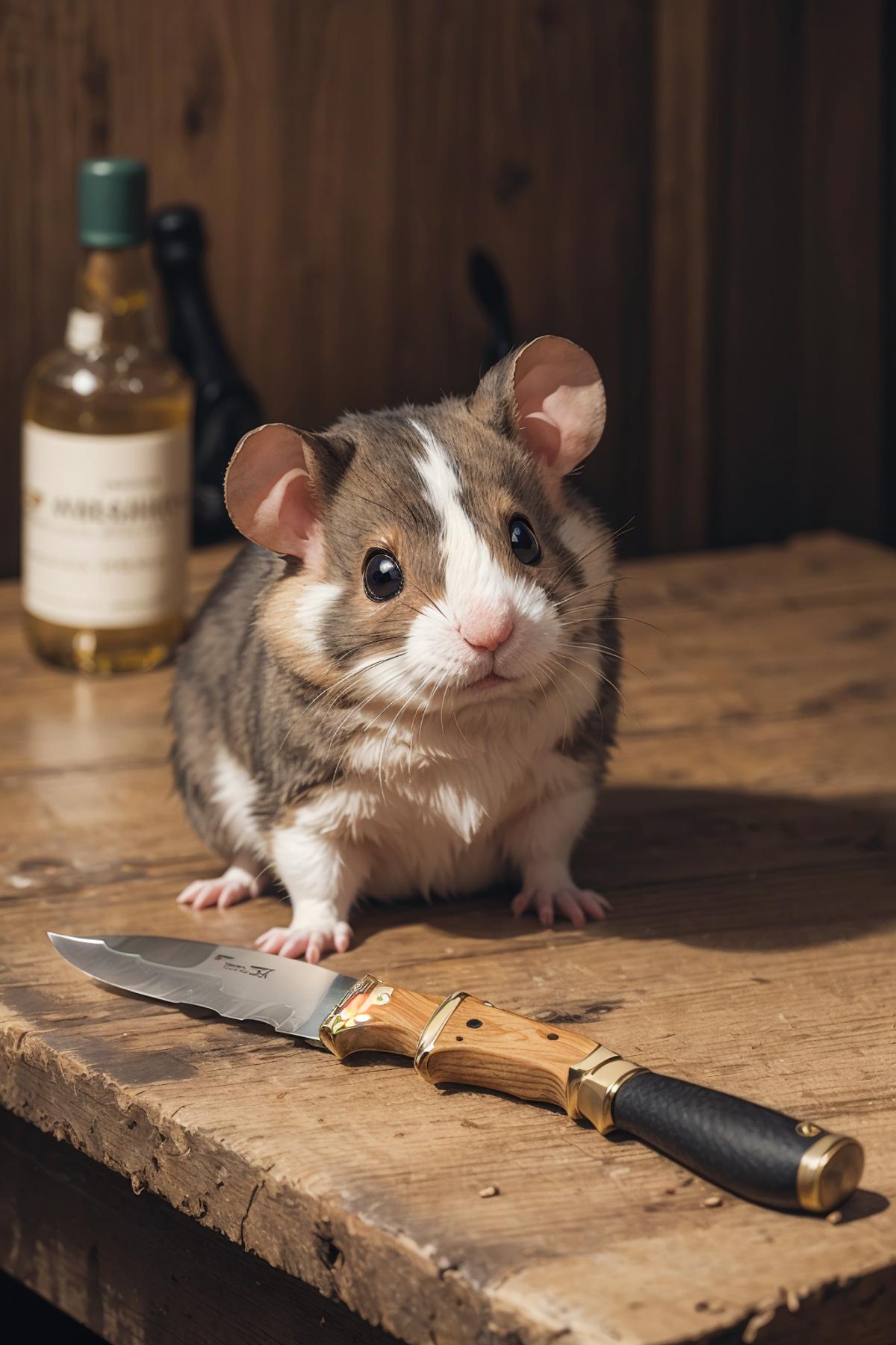 A Hamster with Large Eyes on a Table with a Knife and a Bottle.