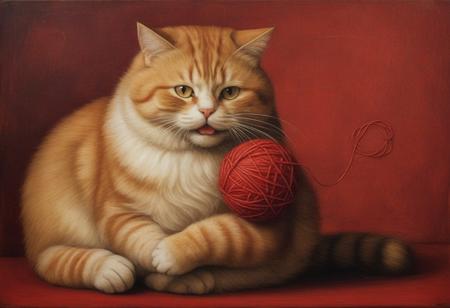 Long lost Leonardo da Vinci painting of a chubby ginger venetian cat playing with red threadball, 15th century Venice background