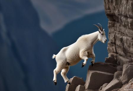 mountain goat jumping from one cliff to another. Very realistic photography