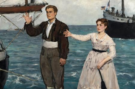 m4n3t,
Jack Dawson and Rose DeWitt Bukater stand at the bow of the ship, arms outstretched.