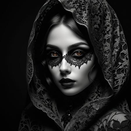 A high-contrast black and white portrait of a mysterious woman with brown eyes. She is draped in intricate lace, with a dark, flowing veil partially covering her face. The lace is detailed, with floral patterns that frame her face elegantly. Her lips are full and painted in a deep, matte shade, adding to the gothic aesthetic. The overall mood is dark and enigmatic, with a focus on the sharp contrasts, delicate textures of the lace, and the piercing gaze of the woman, creating a hauntingly beautiful and timeless image.