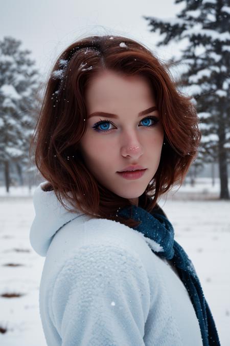 <lora:kira01:1>, wo_kira01 A dramatic contrast photo of a stunning redhead with mesmerizing blue eyes, caught in a snowstorm, close up on face, in an expansive snowy field, under harsh hard lighting, shot from eye level, on a Canon EOS 5D, with (film grain:1.3), in the style of Miko Lagerstedt.